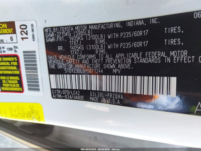 2017 Toyota Sienna Xle 8 Passenger მანქანა იყიდება აუქციონზე, vin: 5TDYZ3DC9HS871244, აუქციონის ნომერი: 45181019
