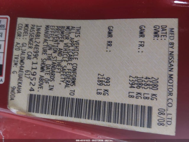 45181023 :رقم المزاد ، 1N4BL24E99C119524 vin ، 2009 Nissan Altima 3.5 Se مزاد بيع