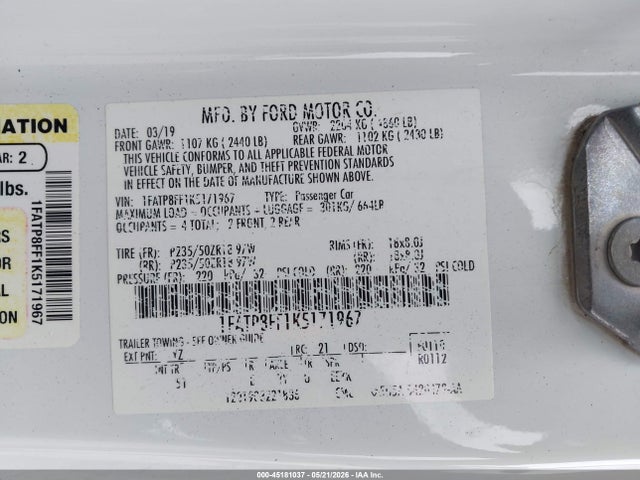 2019 Ford Mustang Gt Premium მანქანა იყიდება აუქციონზე, vin: 1FATP8FF1K5171967, აუქციონის ნომერი: 45181037