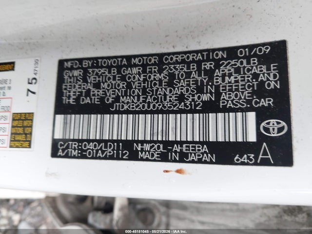 Продаж на аукціоні авто 2009 Toyota Prius, vin: JTDKB20U093524312, номер лоту: 45181045