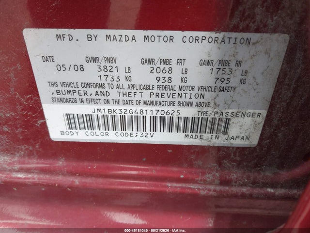 Продажа на аукционе авто 2008 Mazda Mazda3 I Touring Value, vin: JM1BK32G481170625, номер лота: 45181049