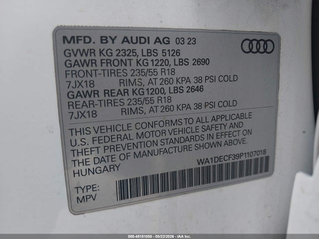 2023 Audi Q3 Premium 45 Tfsi S Line Quattro Tiptronic მანქანა იყიდება აუქციონზე, vin: WA1DECF39P1107018, აუქციონის ნომერი: 45181050