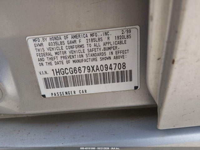 Aukcja sprzedaży 1999 Honda Accord Ex, vin: 1HGCG6679XA094708, numer aukcji: 45181060