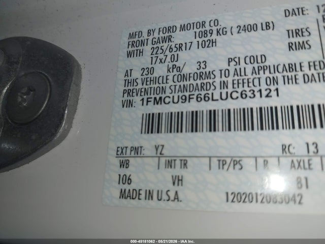 2020 Ford Escape S მანქანა იყიდება აუქციონზე, vin: 1FMCU9F66LUC63121, აუქციონის ნომერი: 45181062