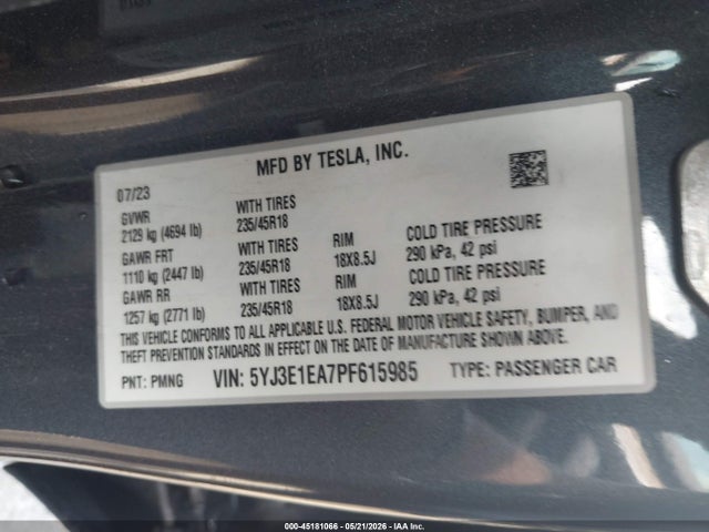 45181066 :رقم المزاد ، 5YJ3E1EA7PF615985 vin ، 2023 Tesla Model 3 Rear-wheel Drive مزاد بيع