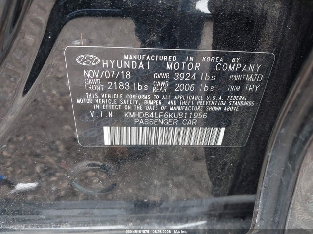 45181079 :رقم المزاد ، KMHD84LF6KU811956 vin ، 2019 Hyundai Elantra Value Edition مزاد بيع