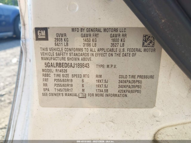Aukcja sprzedaży 2010 Buick Enclave 1xl, vin: 5GALRBED6AJ189843, numer aukcji: 45181083