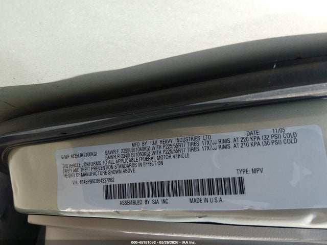 Продаж на аукціоні авто 2006 Subaru Outback 3.0r L.l. Bean Edition, vin: 4S4BP86C864327862, номер лоту: 45181092