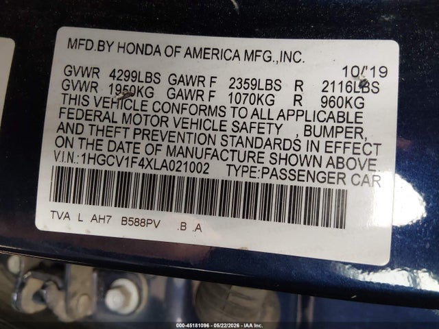 Продаж на аукціоні авто 2020 Honda Accord Ex, vin: 1HGCV1F4XLA021002, номер лоту: 45181096