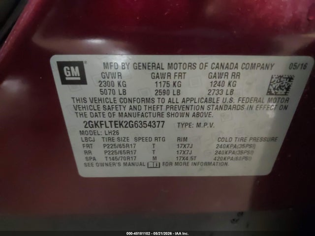 2016 Gmc Terrain Sle-2 მანქანა იყიდება აუქციონზე, vin: 2GKFLTEK2G6354377, აუქციონის ნომერი: 45181102