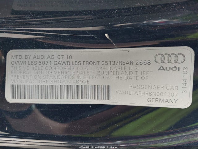 45181121 :رقم المزاد ، WAULFAFH5BN004207 vin ، 2011 Audi A5 2.0t Premium مزاد بيع