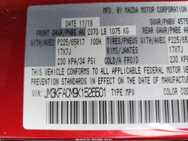 Aukcja sprzedaży 2019 Mazda Cx-5 Touring, vin: JM3KFACM9K1526501, numer aukcji: 45181134