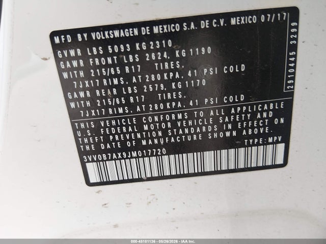 Aukcja sprzedaży 2018 Volkswagen Tiguan 2.0t S, vin: 3VV0B7AX9JM017720, numer aukcji: 45181136