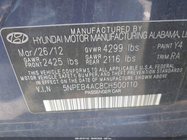 45181142 :رقم المزاد ، 5NPEB4AC8CH500110 vin ، 2012 Hyundai Sonata Gls مزاد بيع