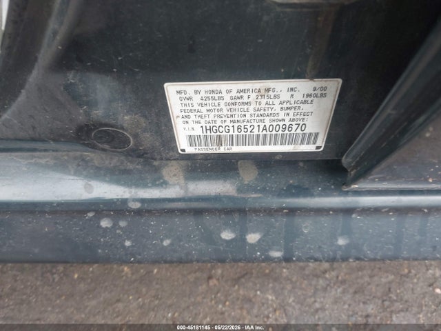 45181145 :رقم المزاد ، 1HGCG16521A009670 vin ، 2001 Honda Accord 3.0 Ex مزاد بيع
