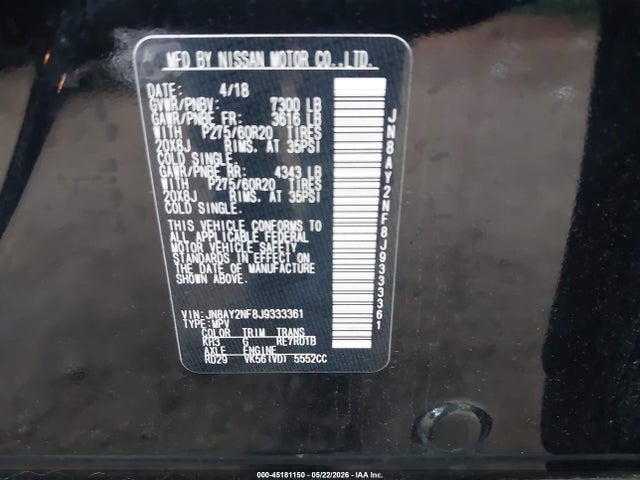 Продаж на аукціоні авто 2018 Nissan Armada Platinum, vin: JN8AY2NF8J9333361, номер лоту: 45181150