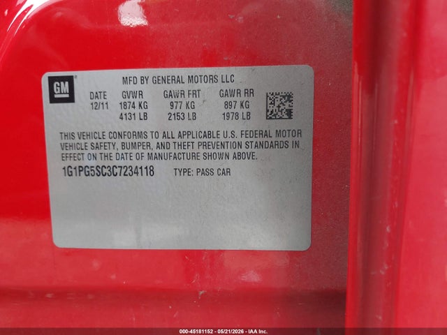 Продаж на аукціоні авто 2012 Chevrolet Cruze 2lt, vin: 1G1PG5SC3C7234118, номер лоту: 45181152