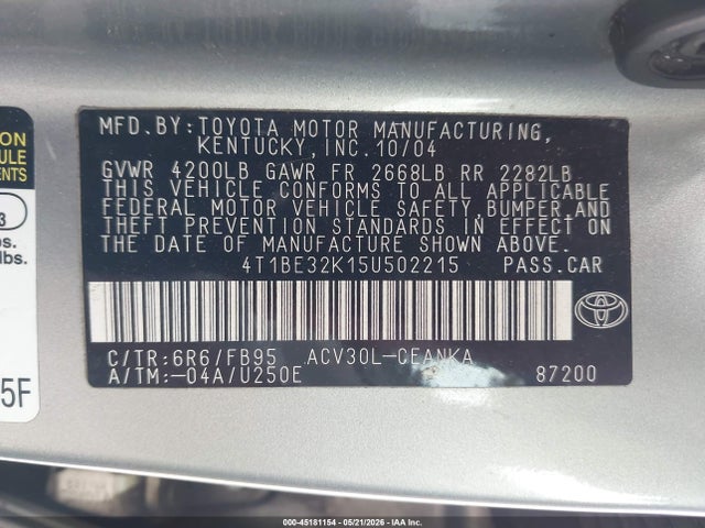 45181154 :رقم المزاد ، 4T1BE32K15U502215 vin ، 2005 Toyota Camry Le مزاد بيع
