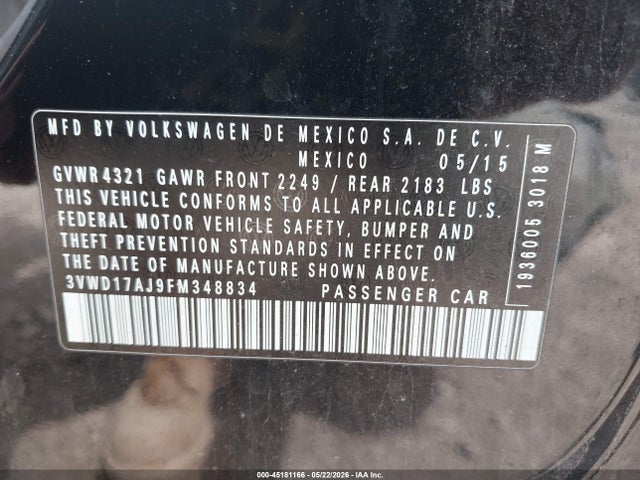 Продаж на аукціоні авто 2015 Volkswagen Jetta 1.8t Sport, vin: 3VWD17AJ9FM348834, номер лоту: 45181166