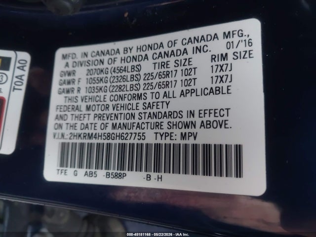 45181168 :رقم المزاد ، 2HKRM4H58GH627755 vin ، 2016 Honda Cr-v Ex مزاد بيع