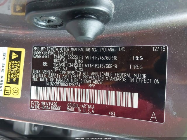 Продажа на аукционе авто 2016 Toyota Highlander Le Plus V6, vin: 5TDZKRFH8GS125774, номер лота: 45181173