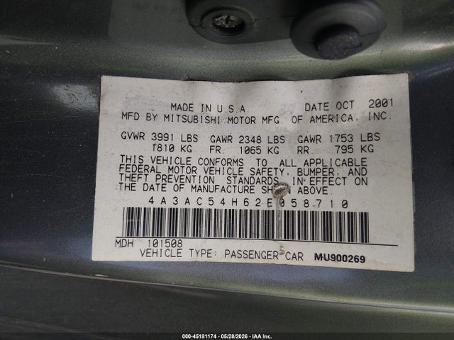 Продажа на аукционе авто 2002 Mitsubishi Eclipse, vin: 4A3AC54H62E058710, номер лота: 45181174