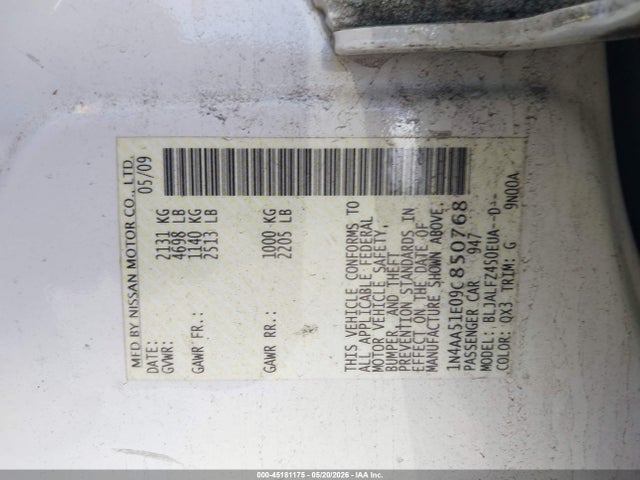 Aukcja sprzedaży 2009 Nissan Maxima 3.5 Sv, vin: 1N4AA51E09C850768, numer aukcji: 45181175