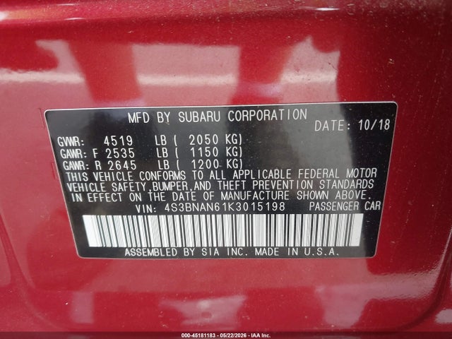 Продажа на аукционе авто 2019 Subaru Legacy 2.5i Limited, vin: 4S3BNAN61K3015198, номер лота: 45181183