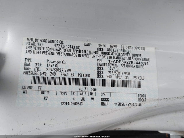 1FADP3K27EL443691 Ford FOCUS SE