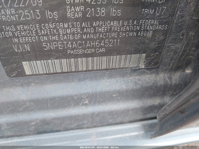 45181197 :رقم المزاد ، 5NPET4AC1AH645211 vin ، 2010 Hyundai Sonata Gls مزاد بيع