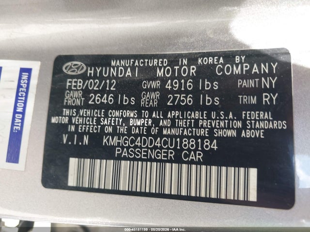 Aukcja sprzedaży 2012 Hyundai Genesis 3.8, vin: KMHGC4DD4CU188184, numer aukcji: 45181199
