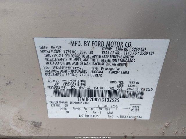 Auction sale of the 2018 Ford Taurus Se, vin: 1FAHP2D82JG132525, lot number: 45181206