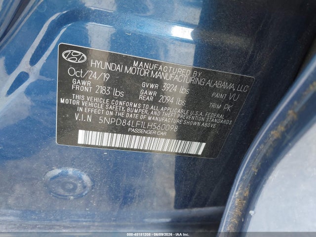 Продажа на аукционе авто 2020 Hyundai Elantra Sel, vin: 5NPD84LF1LH560098, номер лота: 45181208