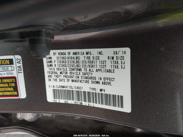 Aukcja sprzedaży 2014 Honda Cr-v Ex-l, vin: 5J6RM4H71EL104601, numer aukcji: 45181210