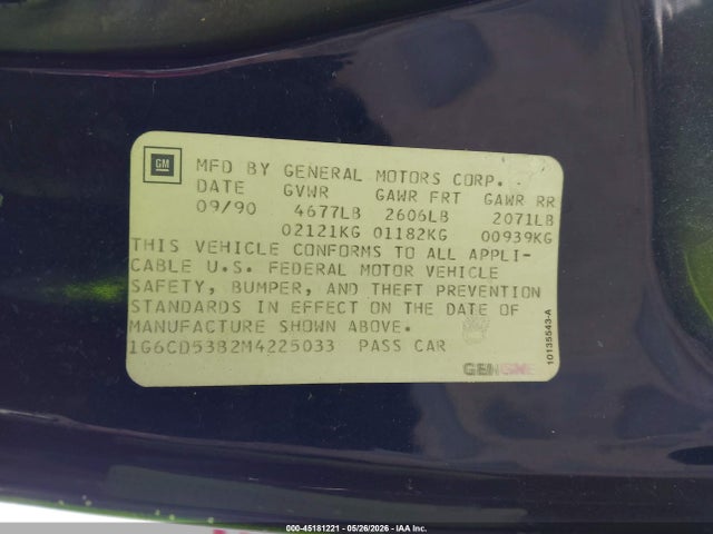 45181221 :رقم المزاد ، 1G6CD53B2M4225033 vin ، 1991 Cadillac Deville مزاد بيع