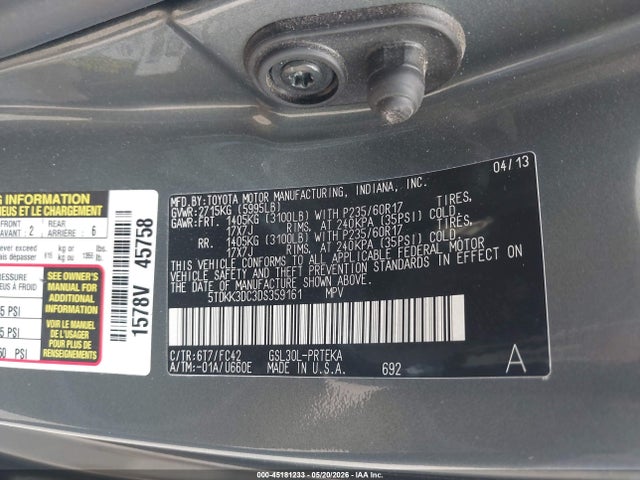45181233 :رقم المزاد ، 5TDKK3DC3DS359161 vin ، 2013 Toyota Sienna Le V6 8 Passenger مزاد بيع