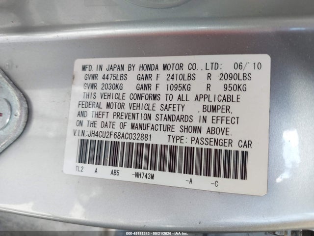 Aukcja sprzedaży 2010 Acura Tsx 2.4, vin: JH4CU2F68AC032881, numer aukcji: 45181243