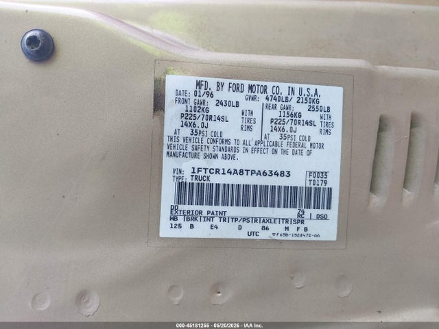 45181255 :رقم المزاد ، 1FTCR14A8TPA63483 vin ، 1996 Ford Ranger Super Cab مزاد بيع