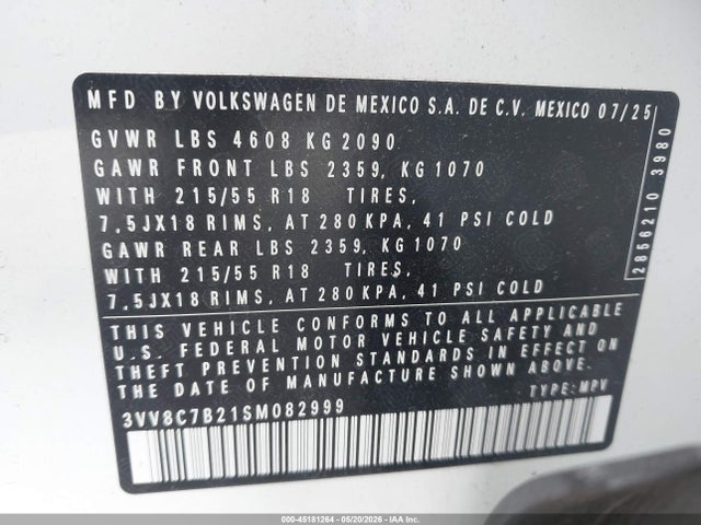 2025 Volkswagen Taos 1.5t S მანქანა იყიდება აუქციონზე, vin: 3VV8C7B21SM082999, აუქციონის ნომერი: 45181264
