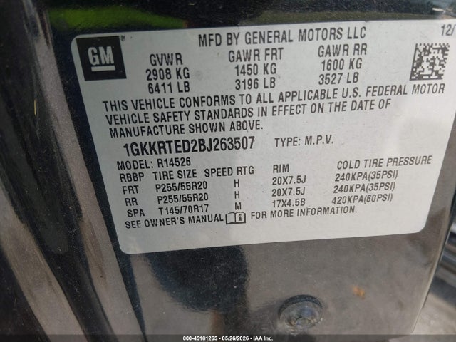 Aukcja sprzedaży 2011 Gmc Acadia Denali, vin: 1GKKRTED2BJ263507, numer aukcji: 45181265