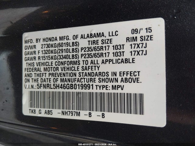 Aukcja sprzedaży 2016 Honda Odyssey Ex, vin: 5FNRL5H46GB019991, numer aukcji: 45181271