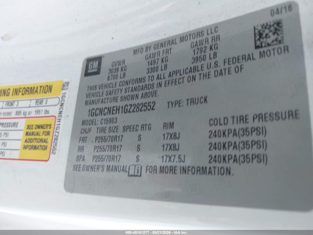 Aukcja sprzedaży 2016 Chevrolet Silverado 1500 Wt, vin: 1GCNCNEH1GZ282552, numer aukcji: 45181277