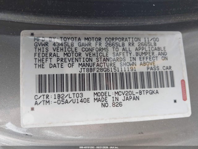 Продаж на аукціоні авто 2001 Lexus Es 300, vin: JT8BF28G615111191, номер лоту: 45181283