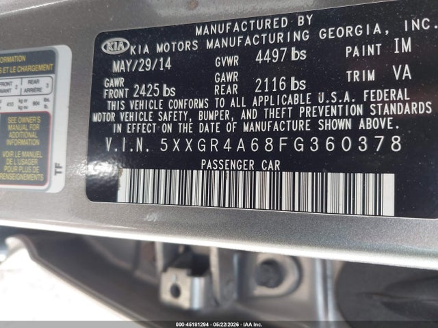 45181294 :رقم المزاد ، 5XXGR4A68FG360378 vin ، 2015 Kia Optima Sxl Turbo مزاد بيع