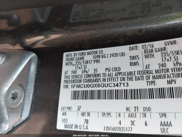 2016 Ford Escape Se მანქანა იყიდება აუქციონზე, vin: 1FMCU0GX6GUC34713, აუქციონის ნომერი: 45181297