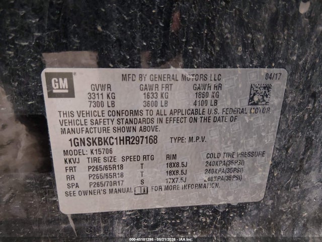 Chevrolet Tahoe Lt 2017 1GNSKBKC1HR297168 Image 9