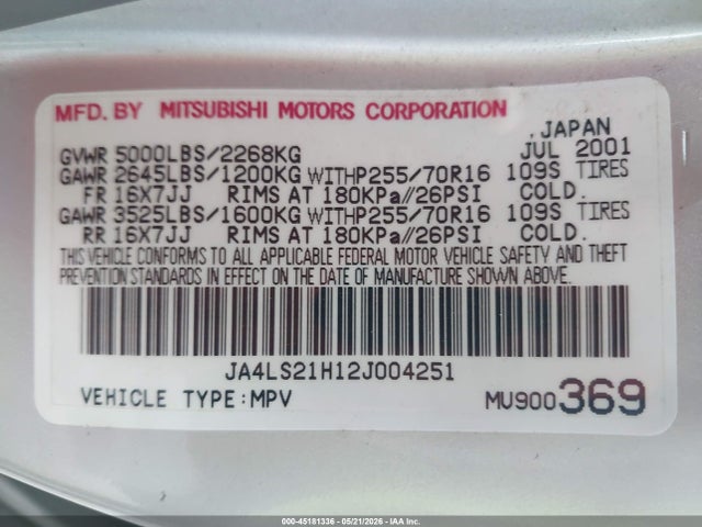 Aukcja sprzedaży 2002 Mitsubishi Montero Sport Es/ls, vin: JA4LS21H12J004251, numer aukcji: 45181336