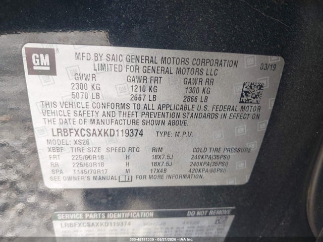 Aukcja sprzedaży 2019 Buick Envision Fwd Essence, vin: LRBFXCSAXKD119374, numer aukcji: 45181339