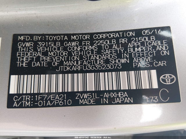 Aukcja sprzedaży 2016 Toyota Prius Four Touring, vin: JTDKARFU3G3523073, numer aukcji: 45181342