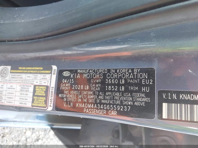 45181354 :رقم المزاد ، KNADM4A34G6559237 vin ، 2016 Kia Rio Lx مزاد بيع